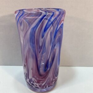 Ron Hinkle Glass Vase React Tumbler Handmade Purple Blue White Swirl Art Signed‎